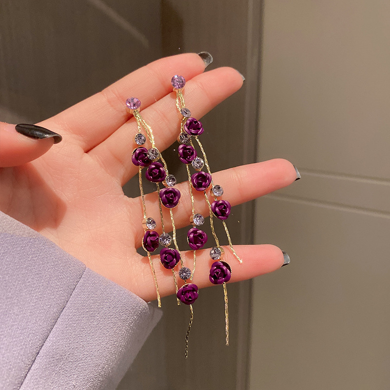 【韓系必備】玫瑰造型鑽飾流蘇耳環 氣質長耳環 約會穿搭耳飾