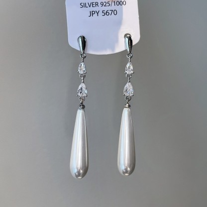 銀水滴珍珠新中式耳飾｜長款閃石點綴 銀針國風耳飾