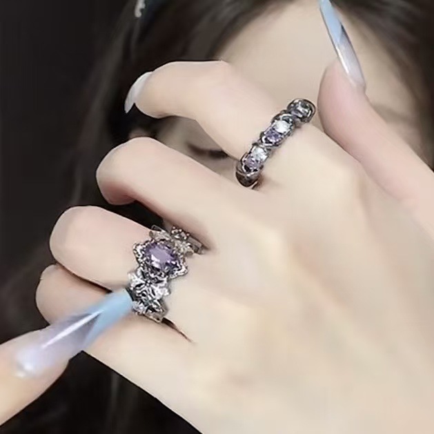 銅合金合成鋯石暗黑風開口指環｜獨特鑲鑽個性食指戒