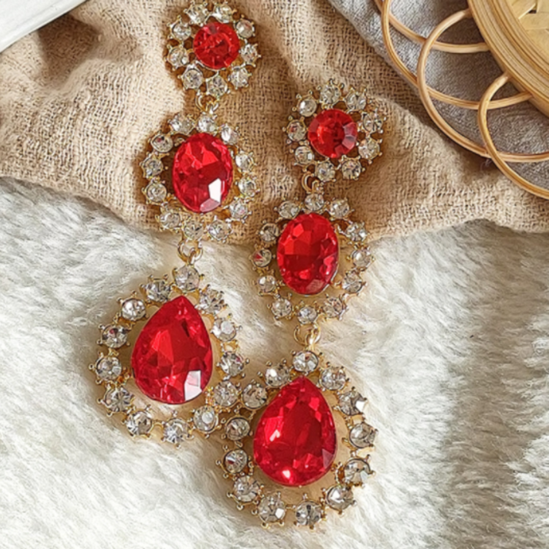 華麗巴洛克紅寶水滴長耳環｜復古氣場款閃鑽
