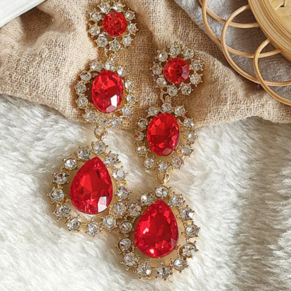 華麗巴洛克紅寶水滴長耳環｜復古氣場款閃鑽