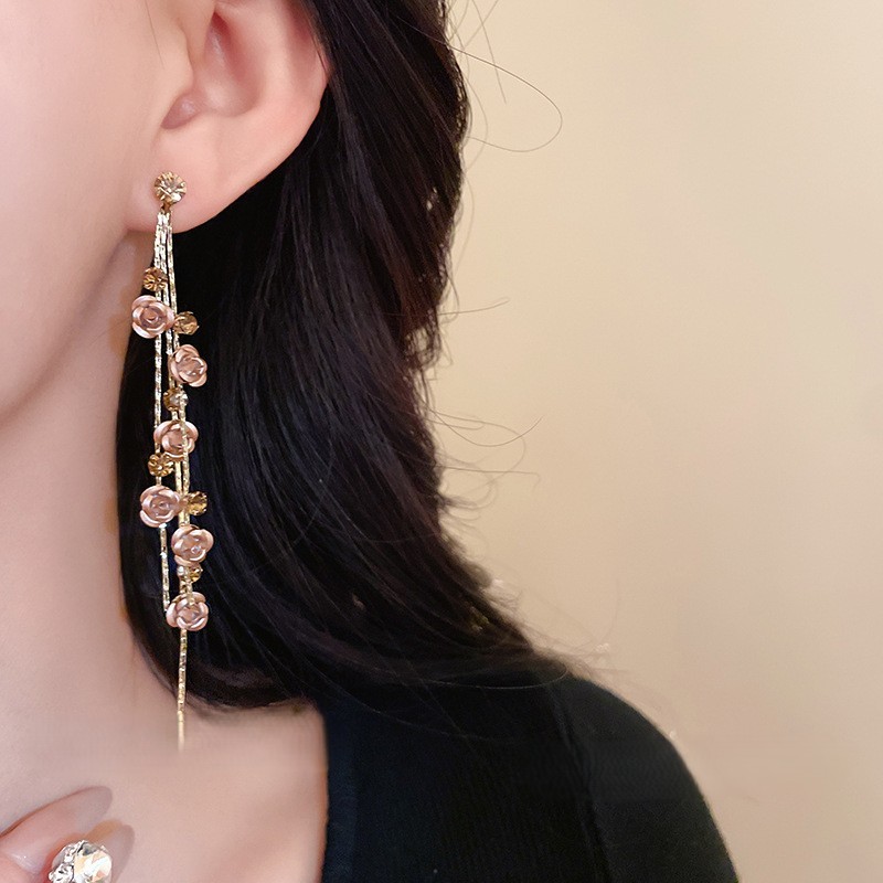 【韓系必備】玫瑰造型鑽飾流蘇耳環 氣質長耳環 約會穿搭耳飾