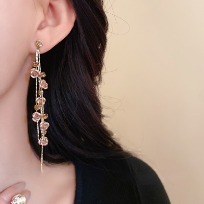 【韓系必備】玫瑰造型鑽飾流蘇耳環 氣質長耳環 約會穿搭耳飾