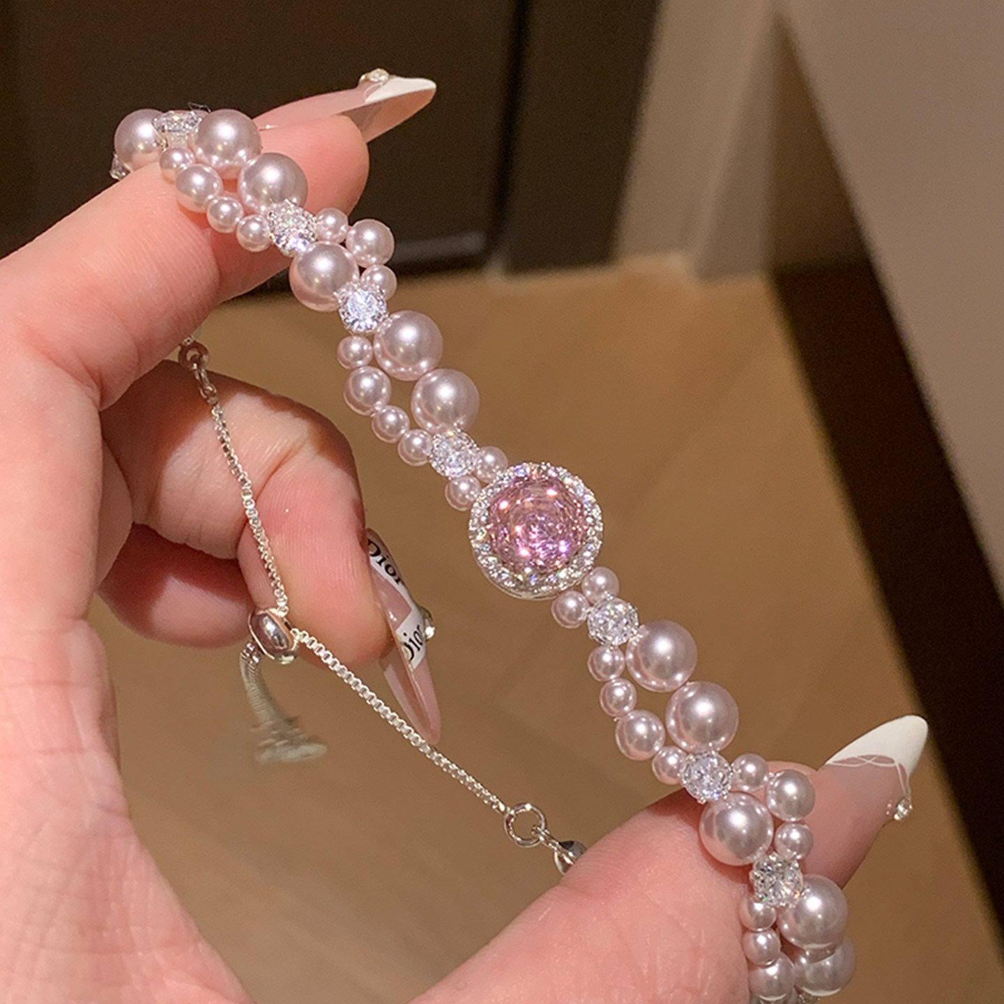 粉嫩珍珠鋯石手鍊｜溫柔系日常佩戴