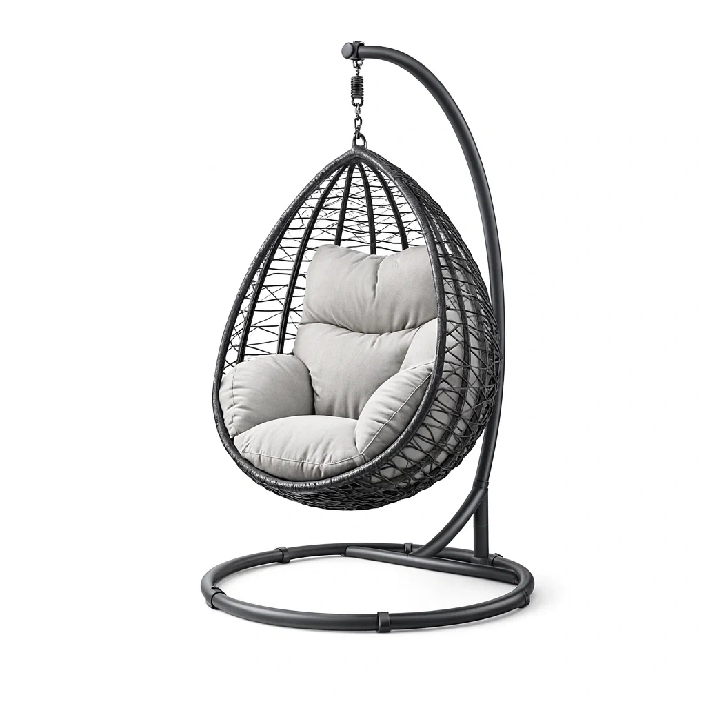 Hanging egg chair Outdoor with Stand Wicker Steel Frame Grey Cushion-MOBEXIMO