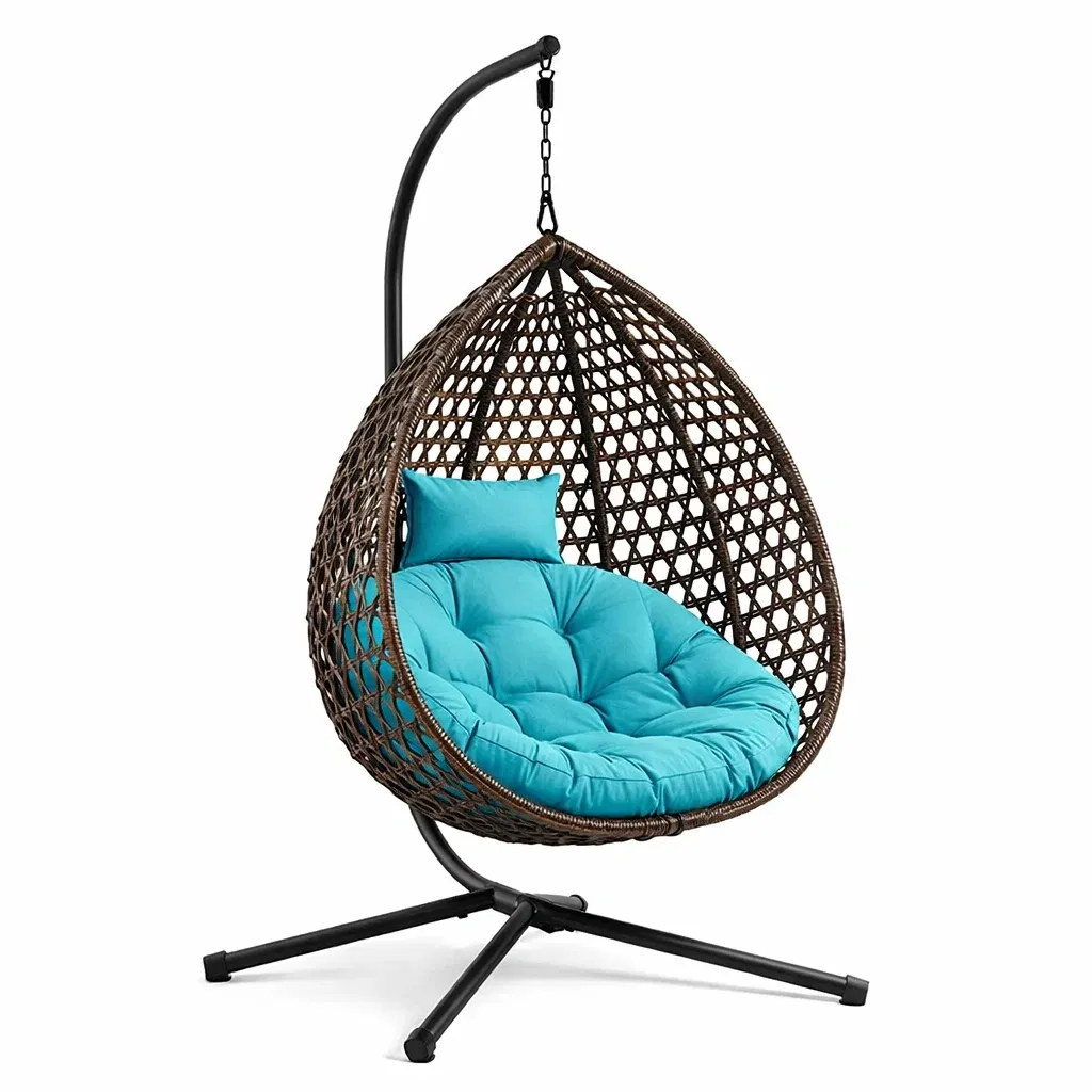 Hanging egg chair Outdoor with Cushion PE Rattan Turquoise Steel Frame-MOBEXIMO