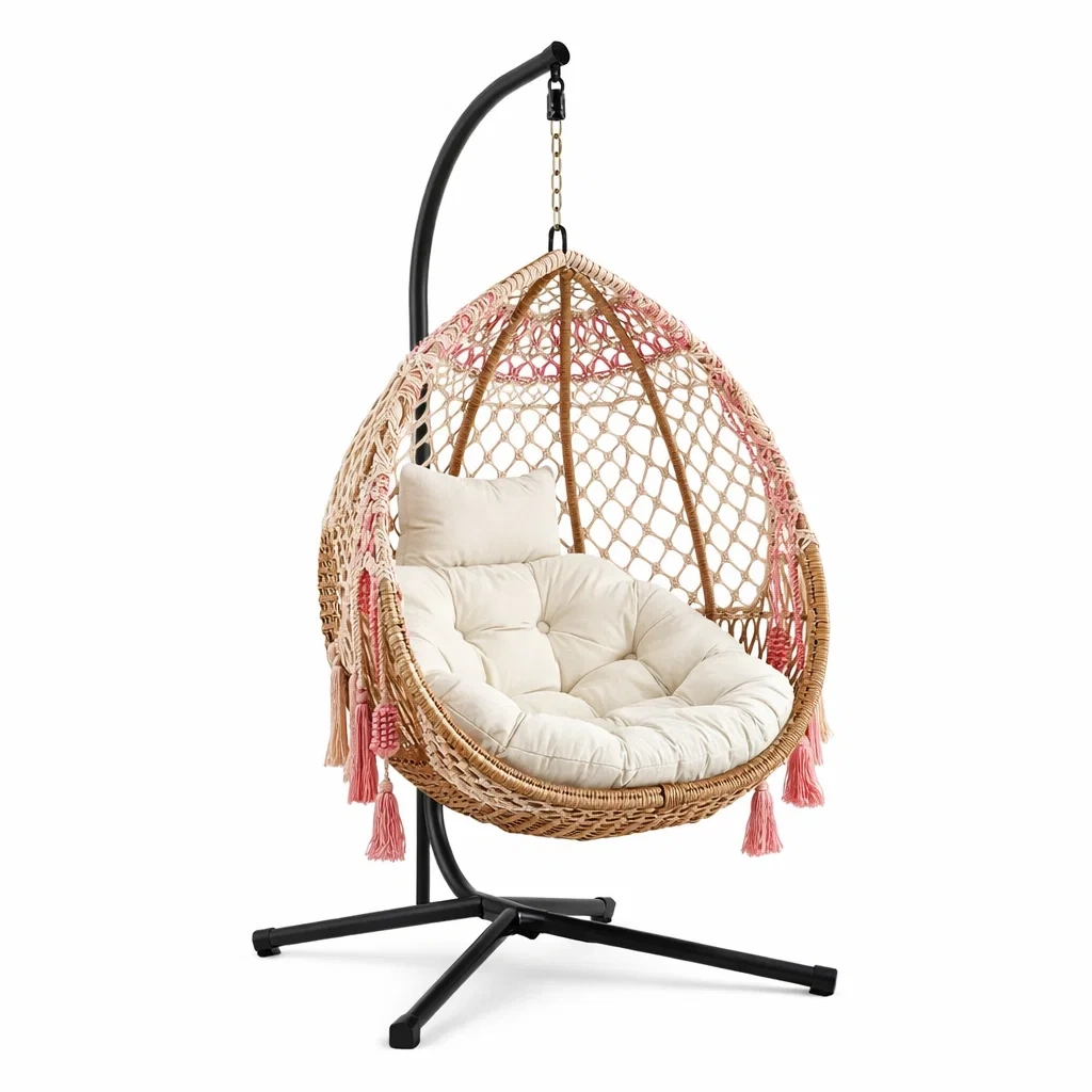 Hanging egg chair Rattan with Cotton Cushion and Steel Frame-MOBEXIMO