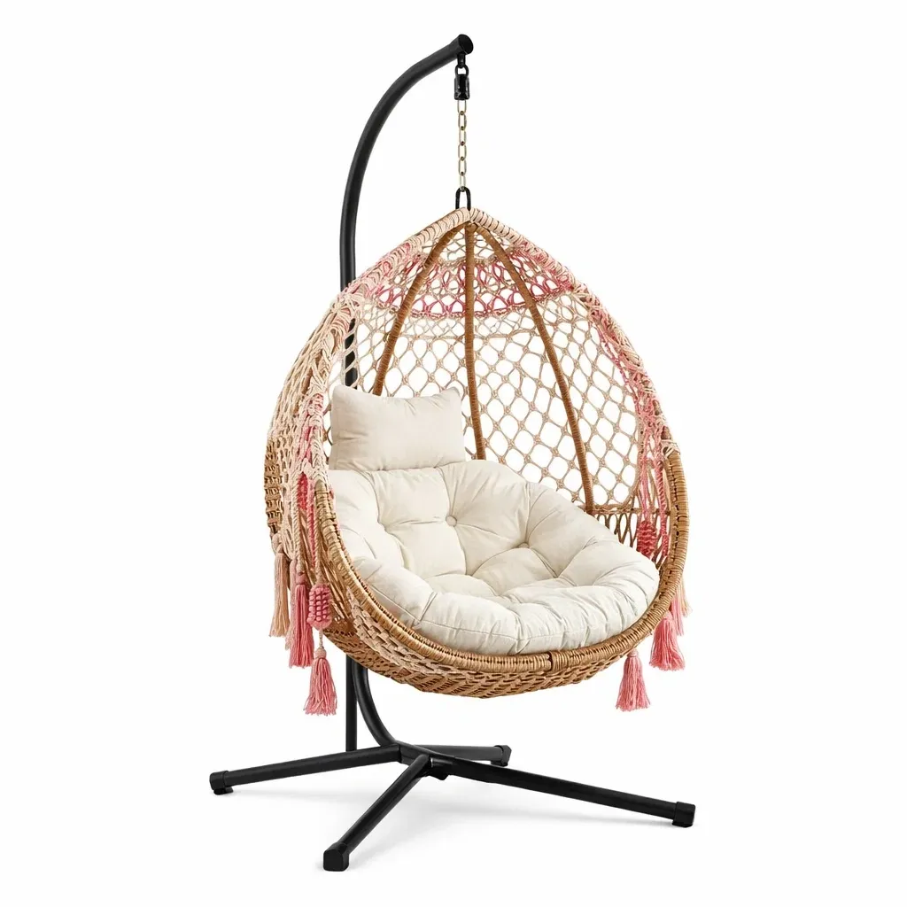 Hanging egg chair Rattan with Cotton Cushion and Steel Frame-MOBEXIMO