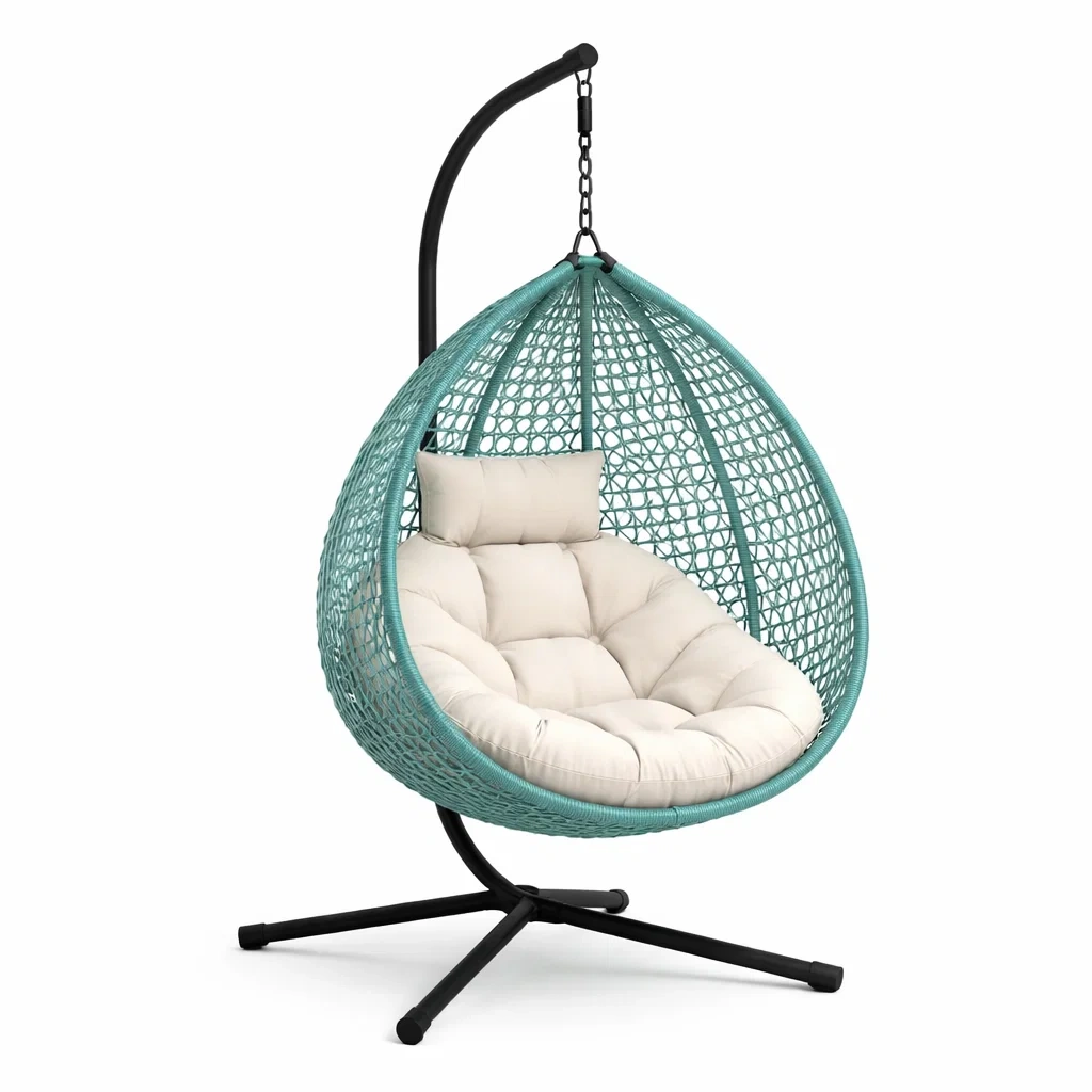 Hanging egg chair Rattan with Cushion Teal Wicker Steel Frame-MOBEXIMO