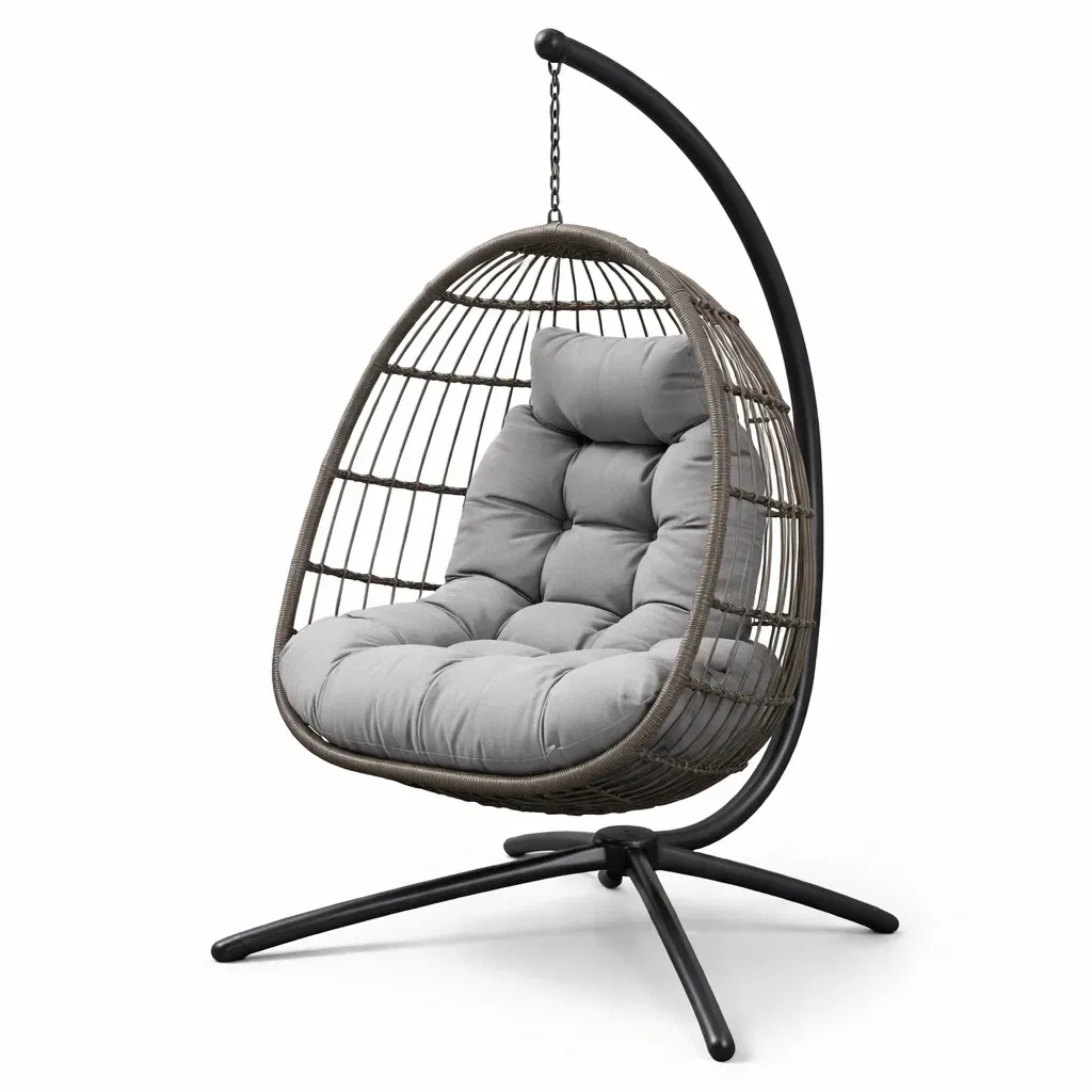 Hanging egg chair Outdoor with Wicker and Steel Stand, Grey Cushion-MOBEXIMO