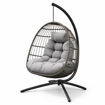 Hanging egg chair Outdoor with Wicker and Steel Stand, Grey Cushion-MOBEXIMO