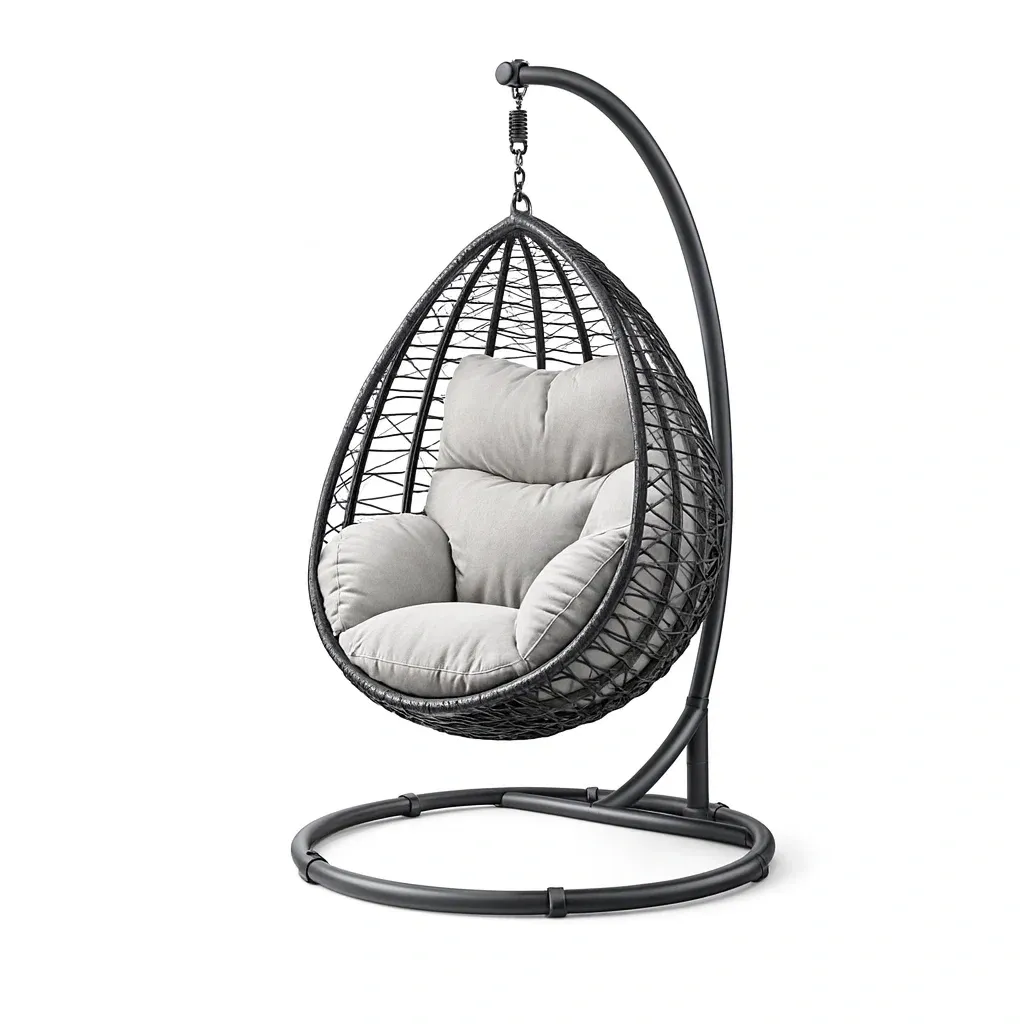 Hanging egg chair Outdoor with Stand Wicker Steel Frame Grey Cushion-MOBEXIMO