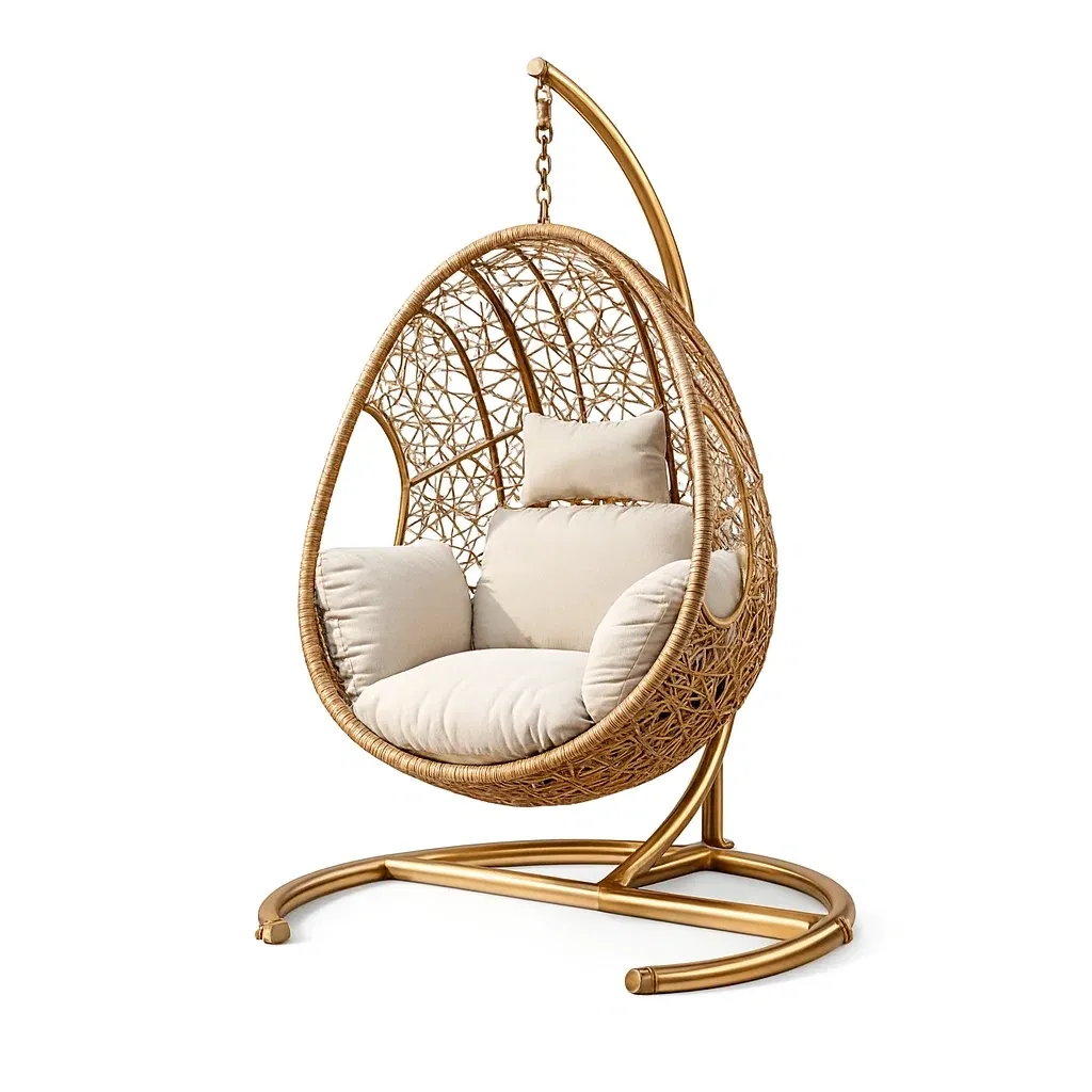 Hanging egg chair Rattan with Beige Cushions and Steel Frame-MOBEXIMO