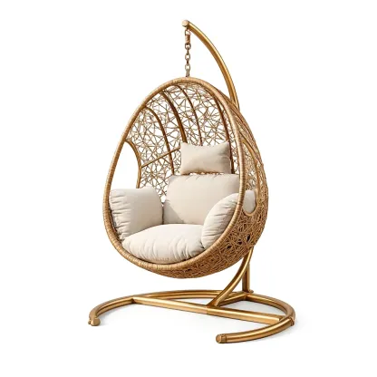 Hanging egg chair Rattan with Beige Cushions and Steel Frame-MOBEXIMO