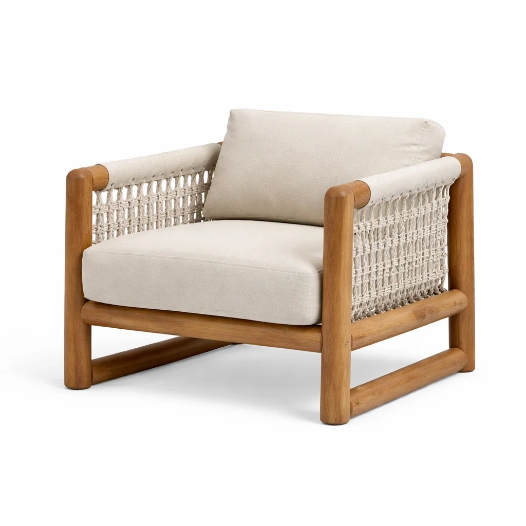 Leisure chair Teak with Beige Fabric Seat-MOBEXIMO