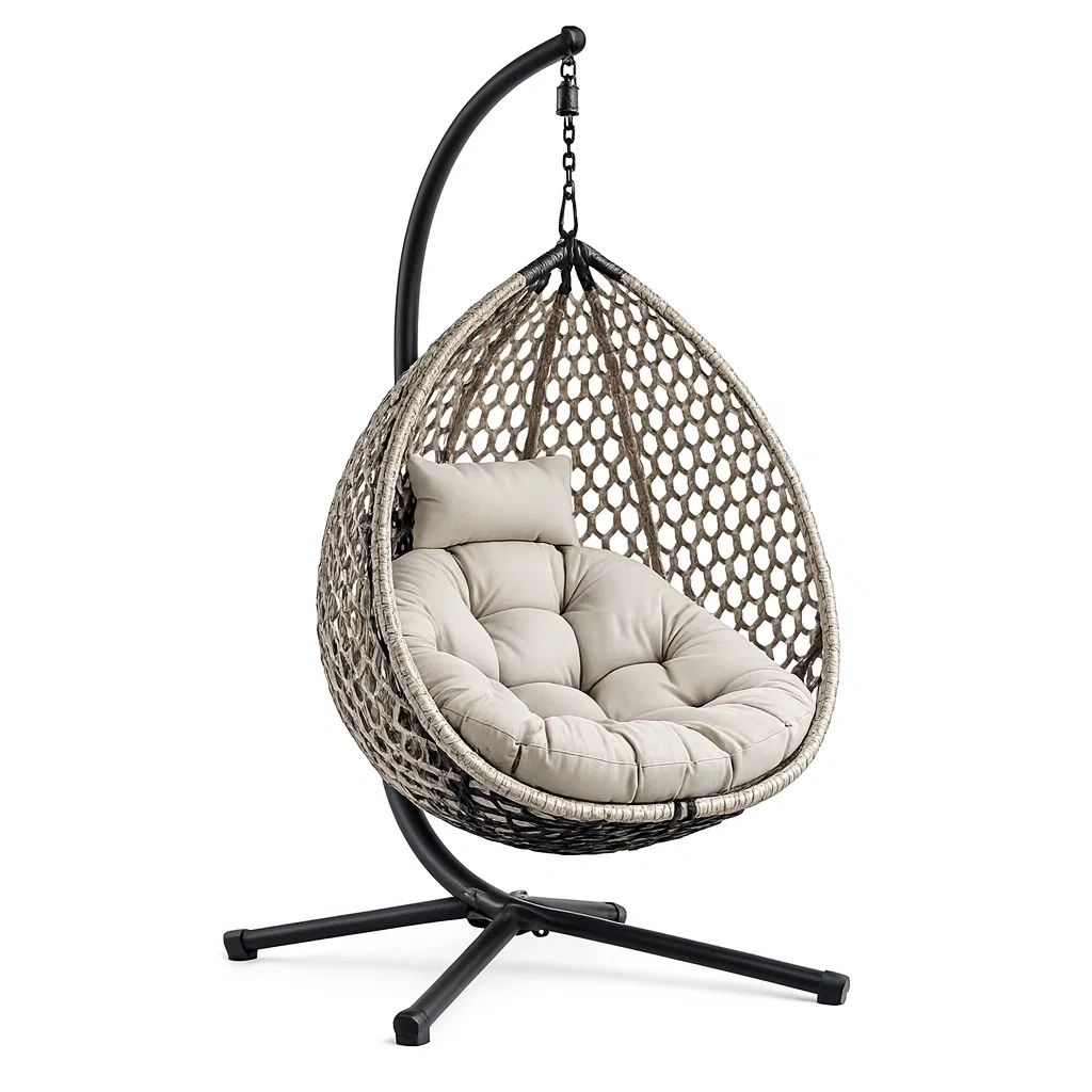 Hanging egg chair Outdoor with Cushion Polyethylene Rattan Steel Frame Beige-MOBEXIMO