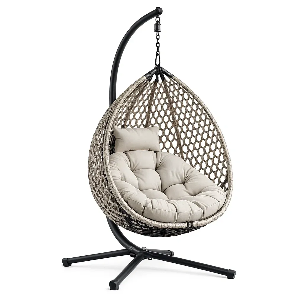 Hanging egg chair Outdoor with Cushion Polyethylene Rattan Steel Frame Beige-MOBEXIMO
