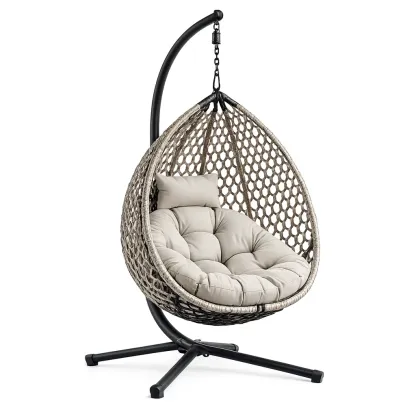 Hanging egg chair Outdoor with Cushion Polyethylene Rattan Steel Frame Beige-MOBEXIMO