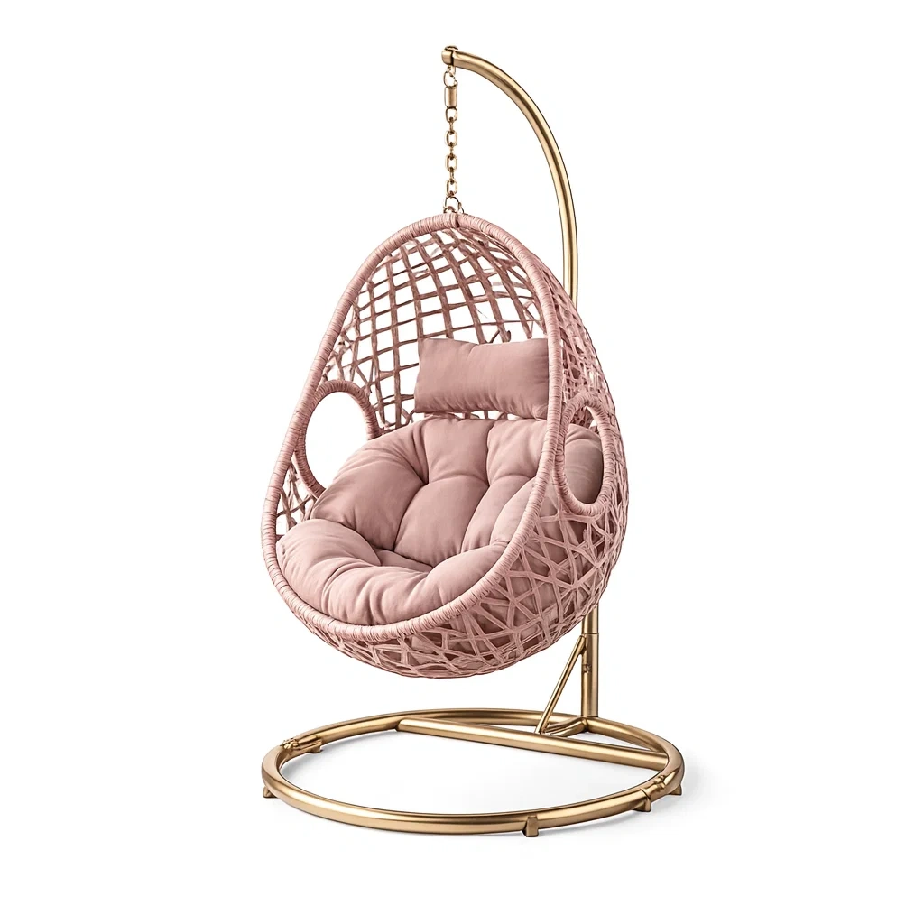 Hanging egg chair Pink Steel and Rattan with Cushion-MOBEXIMO