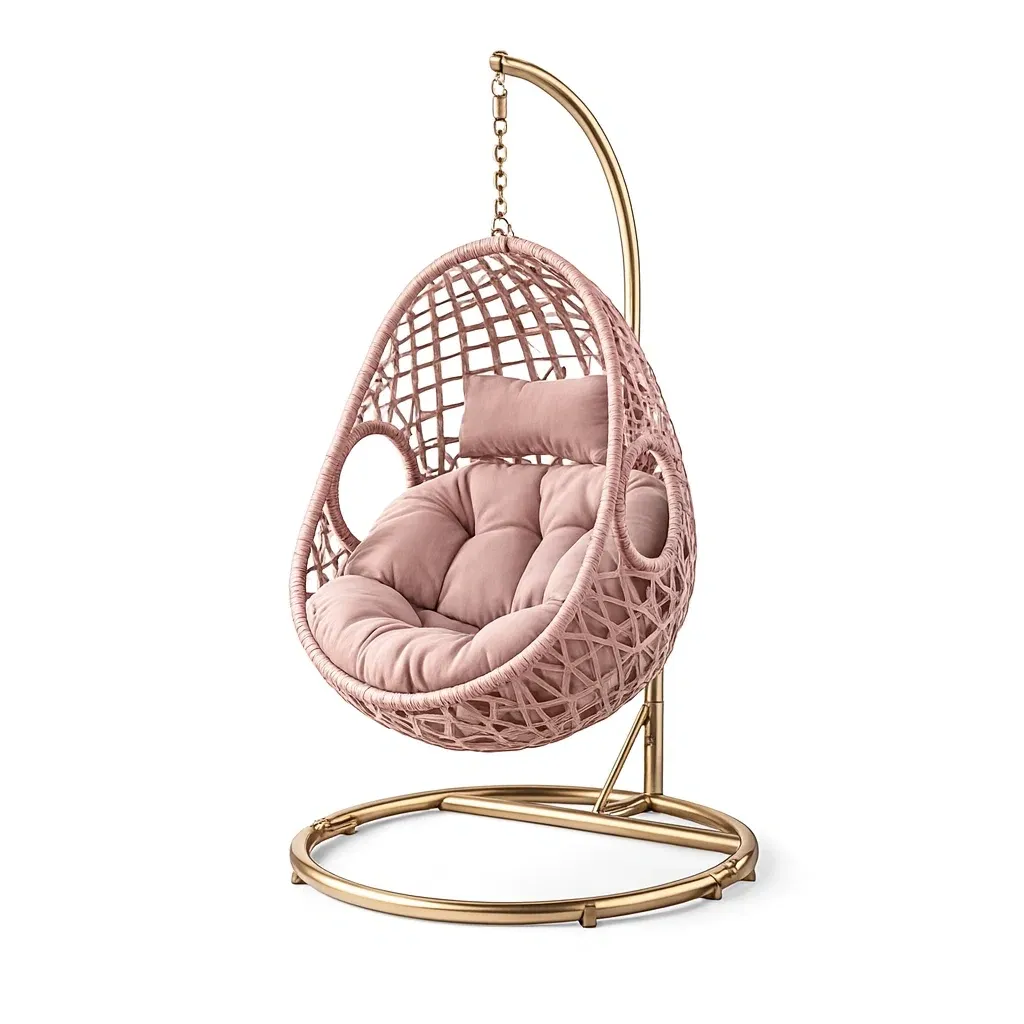 Hanging egg chair Pink Steel and Rattan with Cushion-MOBEXIMO