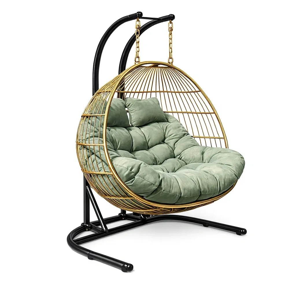 Hanging egg chair with Steel Frame and Green Cushion-MOBEXIMO