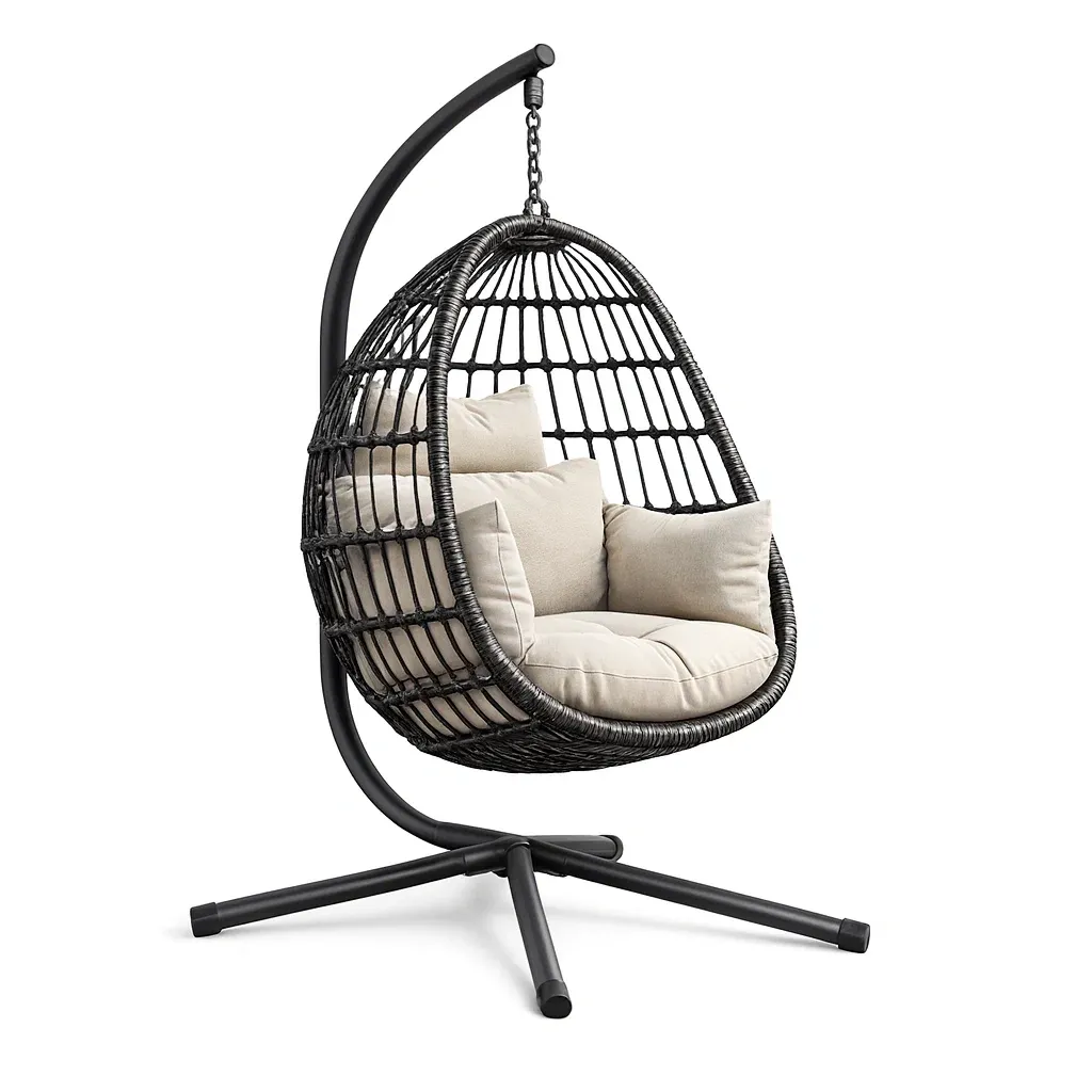 Hanging egg chair Outdoor Black PE Rattan with Cream Cushions-MOBEXIMO
