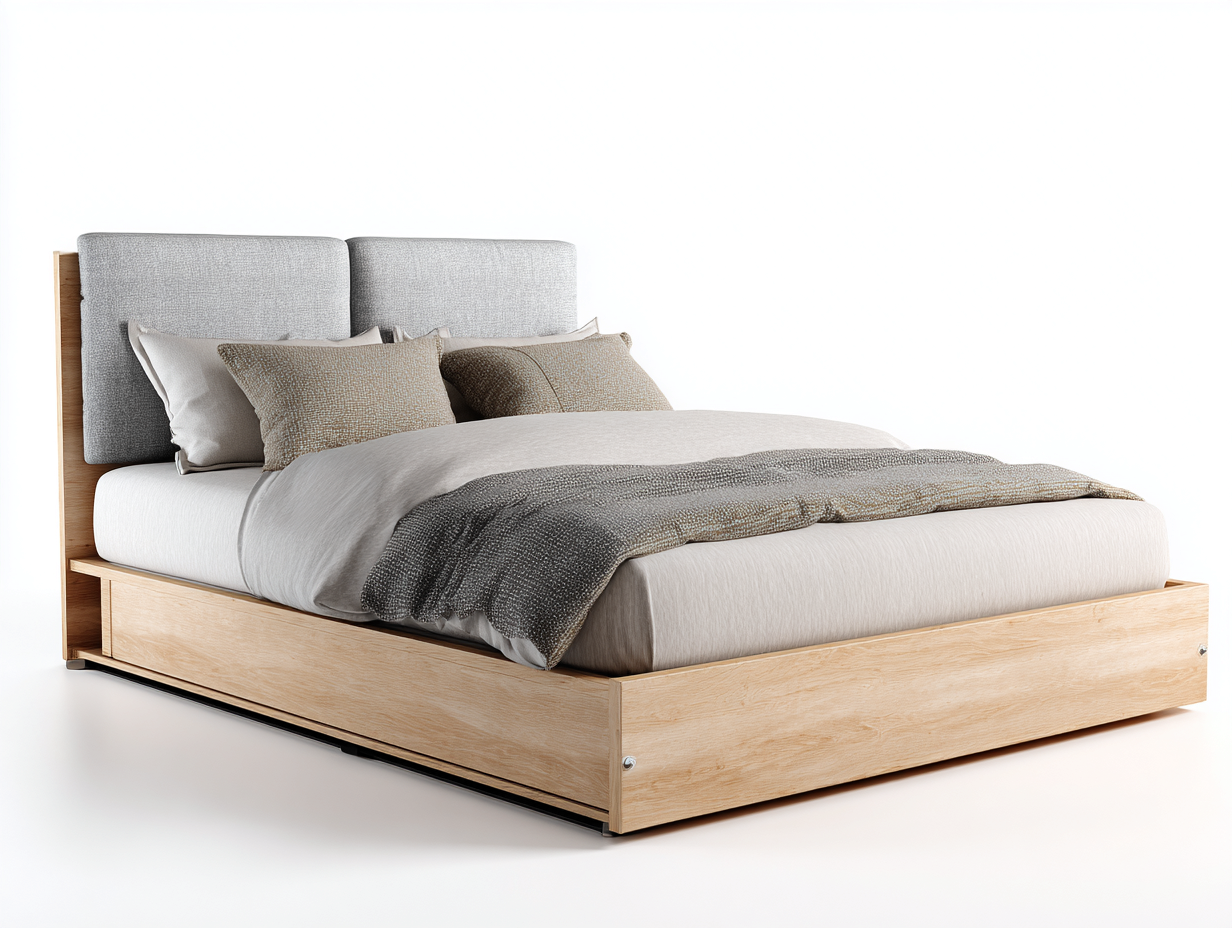 Upholstered Double Bed Frame Fabric Wood 200x160 x105cm - Light Grey/Natural Wood - Bedroom With Storage Modern Design-Havenno
