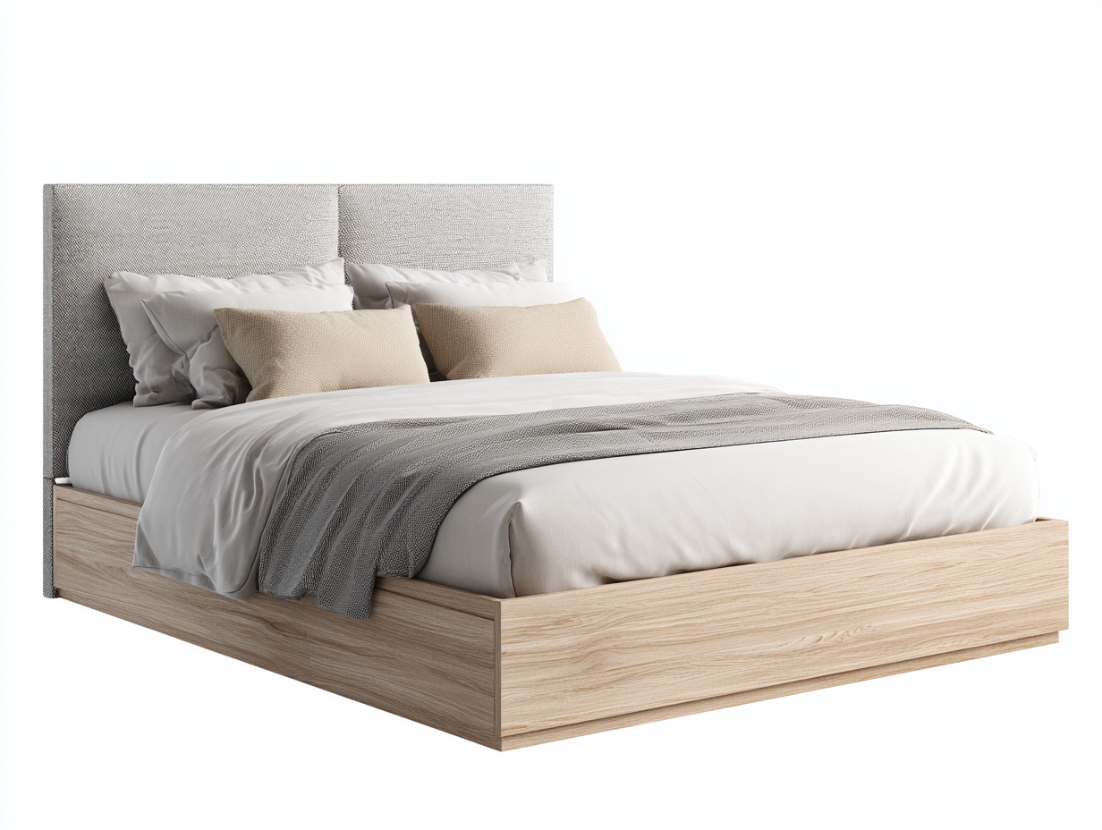 Upholstered double bed with wood base fabric 200x160 x120cm - light grey/natural wood - bedroom use - integrated storage design-Havenno