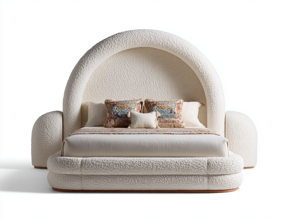 Upholstered double bed bouclé fabric 200x160 x125cm - cream - bedroom use - arched headboard design-Havenno