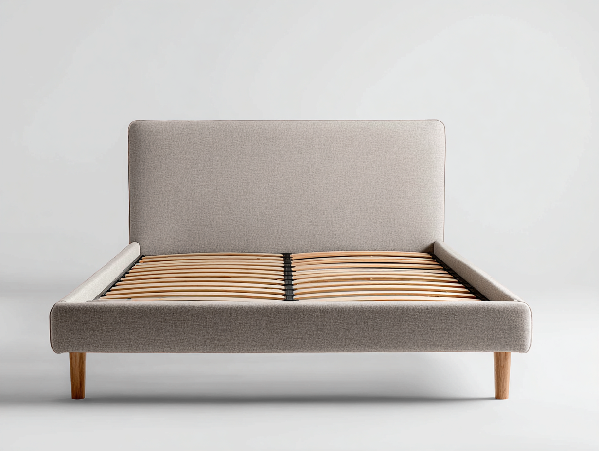 Upholstered double bed frame fabric 200x160 x115cm - light beige - bedroom use - wooden slat base design-Havenno