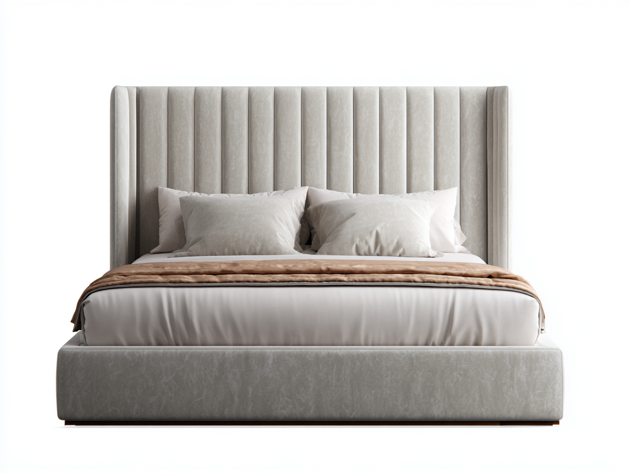 Upholstered double bed fabric 200x160 x125cm - light grey - bedroom use - fluted headboard design-Havenno