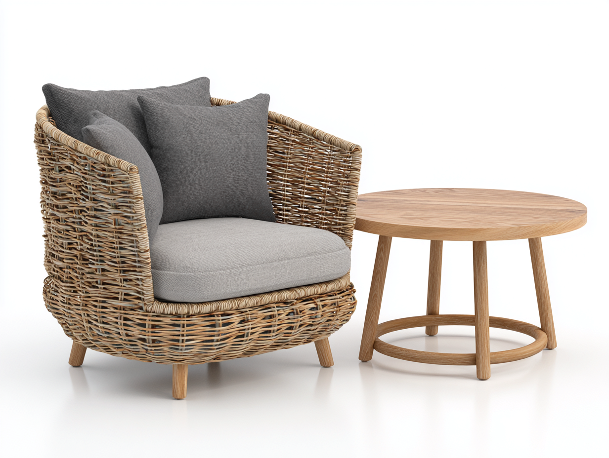 Outdoor Sofa rattan woven single seat with table 65x68x78 cm - natural - compact outdoor lounge design-Quietovae