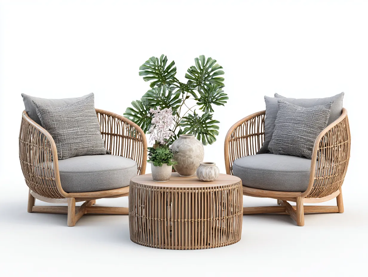 Outdoor sofa set rattan wood frame 2 armchairs with coffee table 185x85x78 cm - natural-grey - outdoor use - contemporary woven design-Quietovae