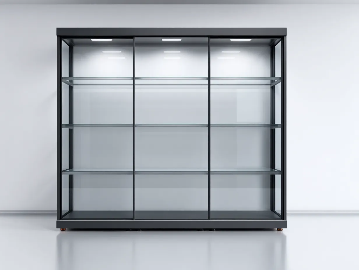 Display Cabinet glass and metal frame 180x45x200 cm - black - for living room - modern showroom design-Graceoli