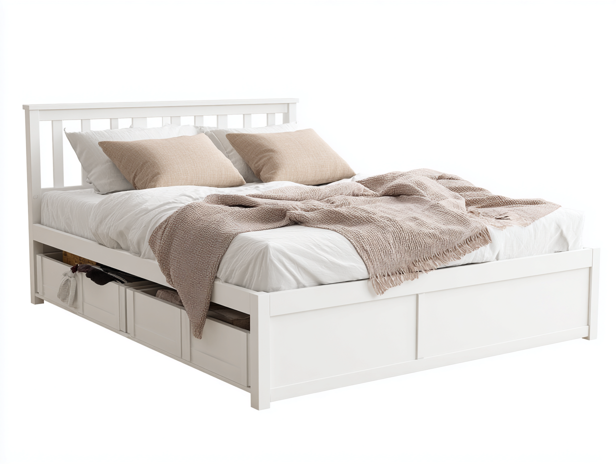 Double Bed wooden frame 212x156x110 cm - white - for bedroom - modern storage design-Graceoli