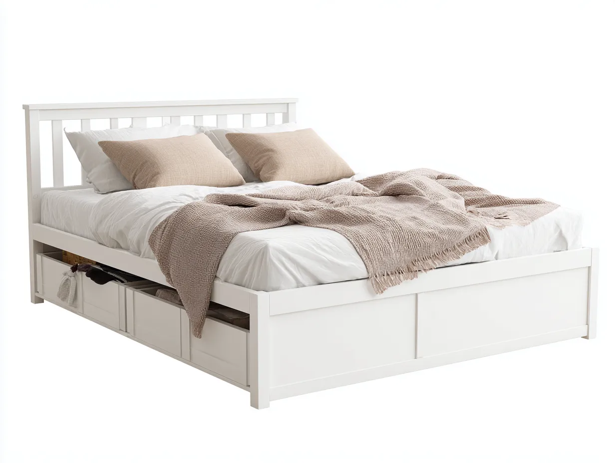 Double Bed wooden frame 212x156x110 cm - white - for bedroom - modern storage design-Graceoli