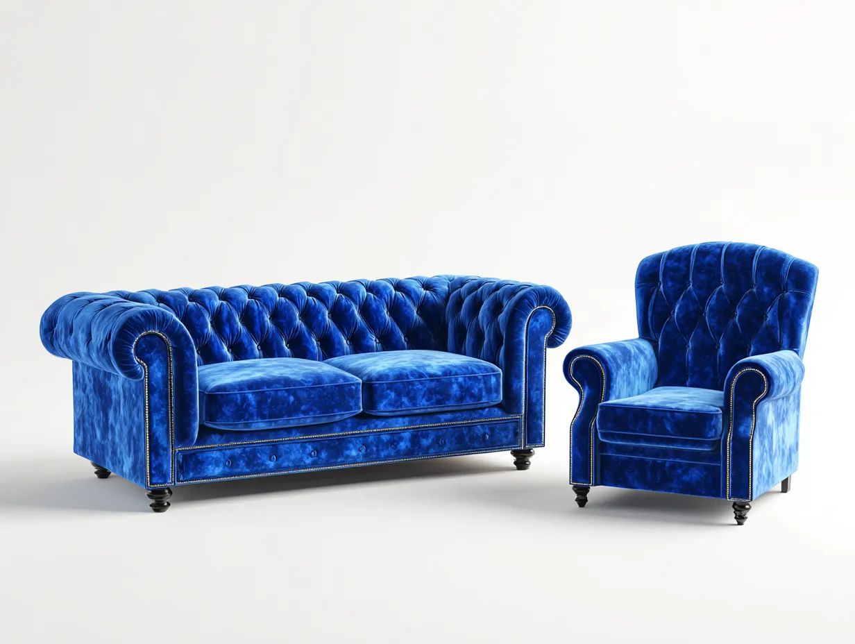 Sofa set velvet upholstered 220x95x75 cm and armchair 95x90x80 cm - blue - classic living room seating set-Loftova