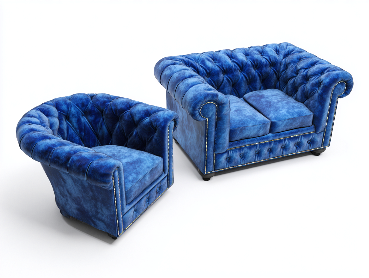 Sofa Sets Velvet Upholstered Seating 168x90x76 cm - Blue - Classic Chesterfield Style-Loftova