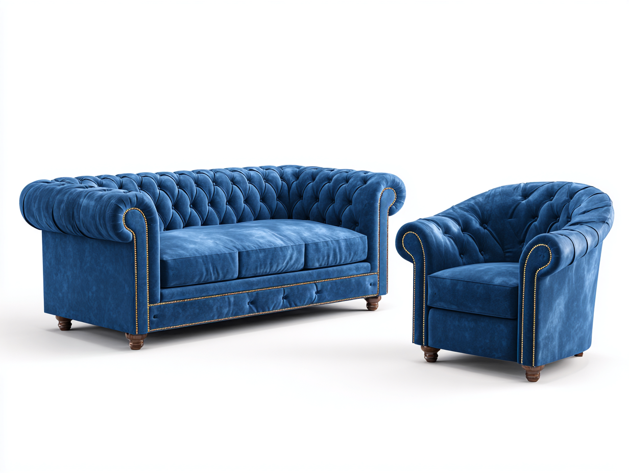 Sofa Set Velvet Upholstery 3 Seater and Armchair 210x90x78 cm - Blue - Classic Chesterfield Design-Loftova