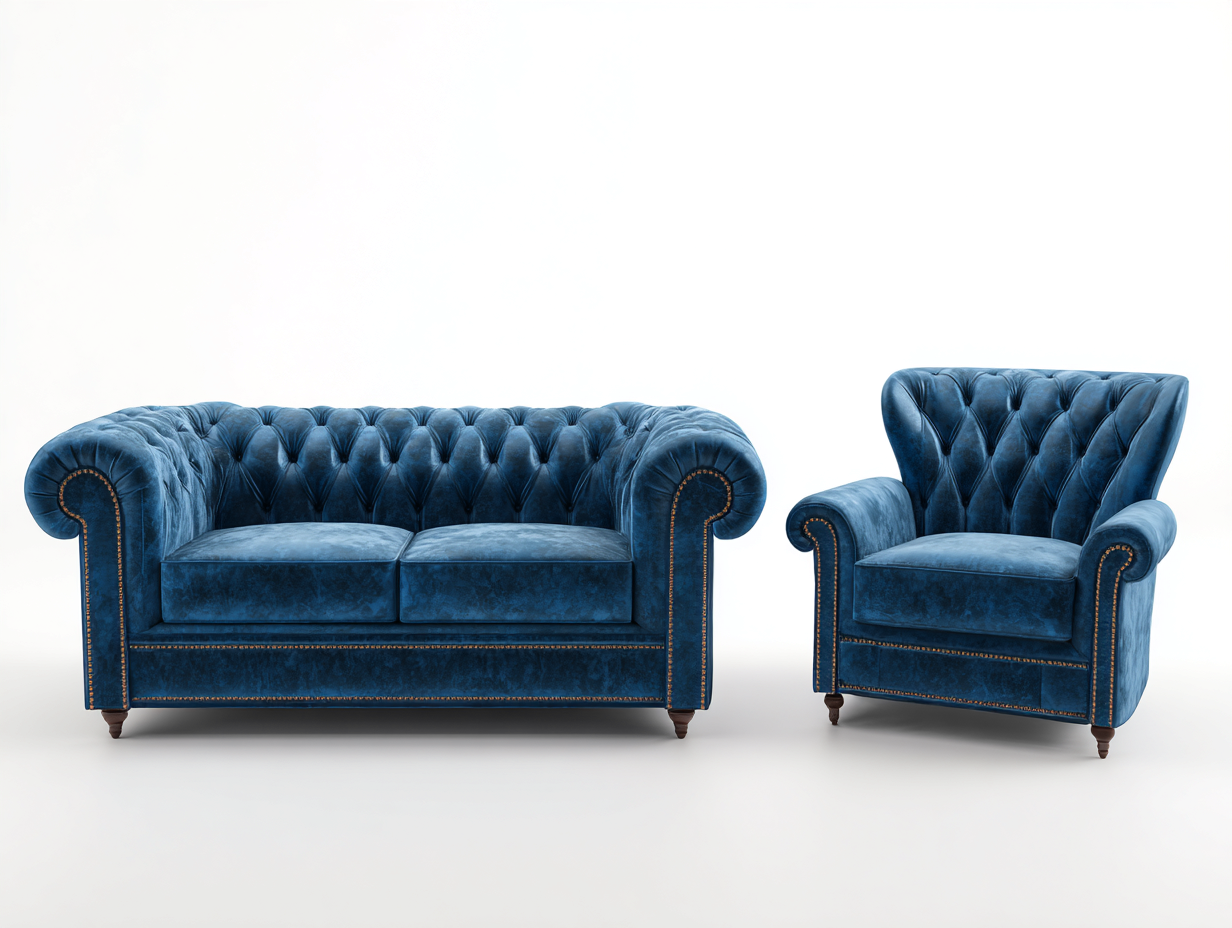 Sofa set velvet upholstered 215x95x75 cm and armchair 95x90x80 cm - blue - classic living room seating set-Loftova
