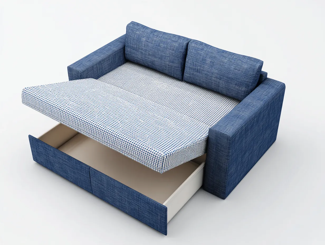 Sofa Bed fabric upholstery with storage drawer 200x140x88 cm - blue-white - modern convertible design-Frameete