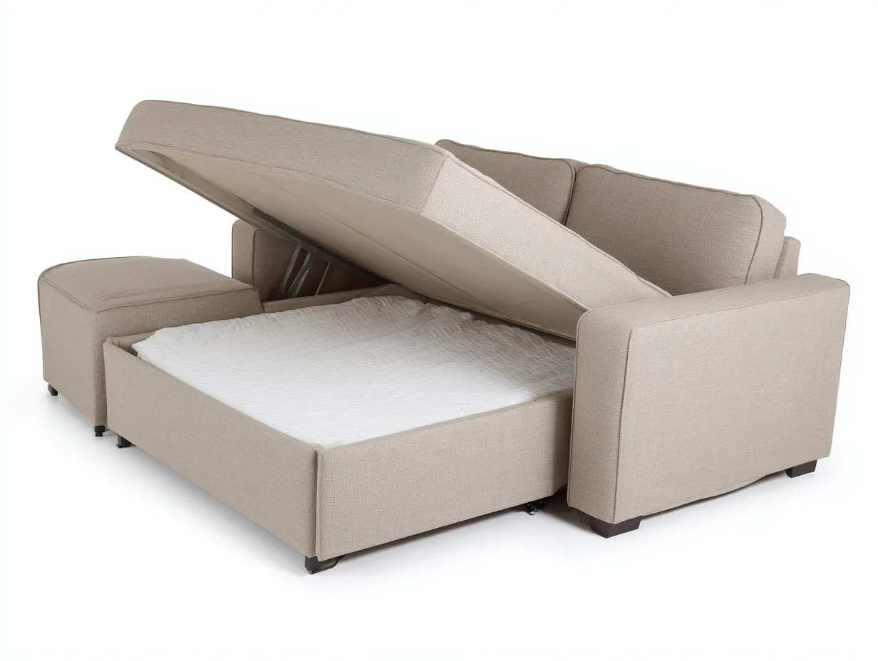 Sofa Bed fabric upholstered 215x145x88 cm - beige-white - modern storage design-Frameete