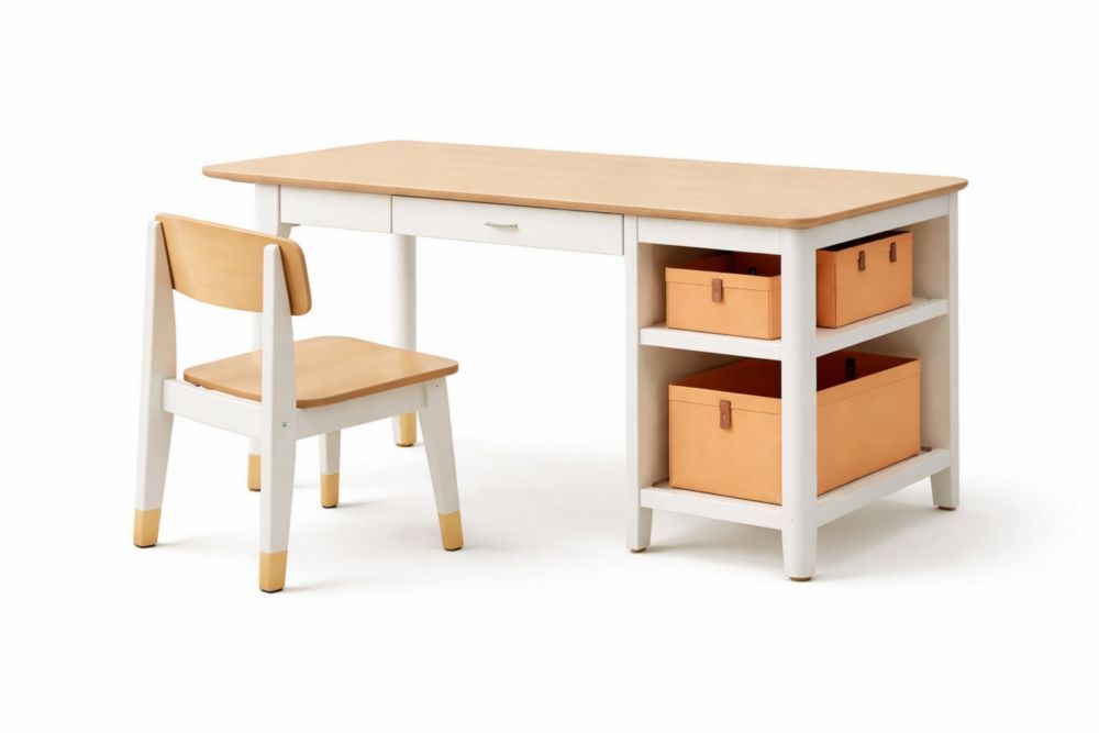 Children's Desk and Chair Set with Storage Bins MDF White/Light Wood