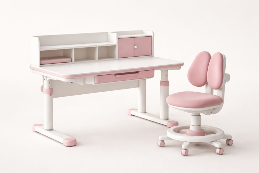 Children's Adjustable Study Desk and Chair Set with Storage Pink/White