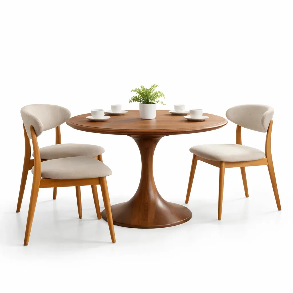 Round Wooden Dining Table with Four Fabric Chairs Set-decofurni
