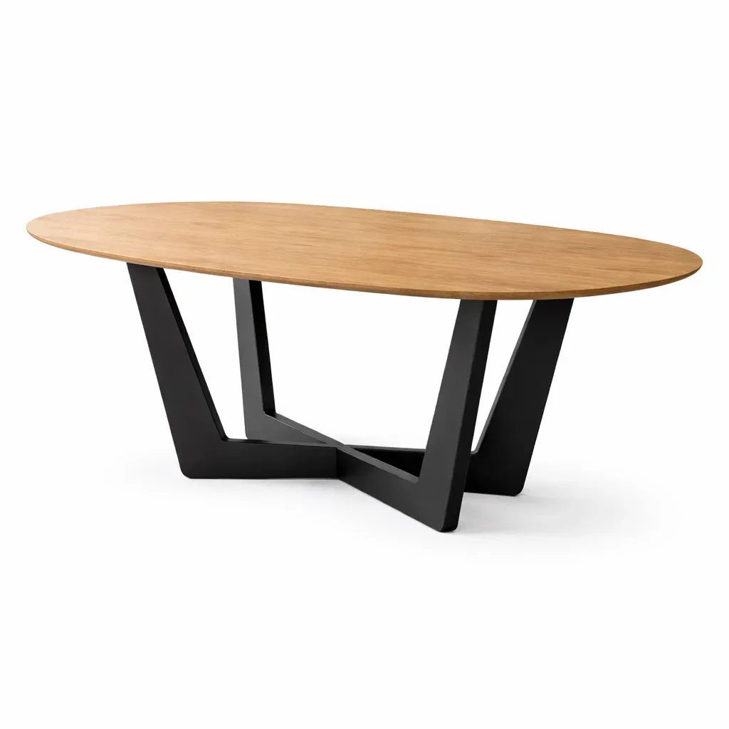 Oval Wooden Dining Table with Black Metal Base