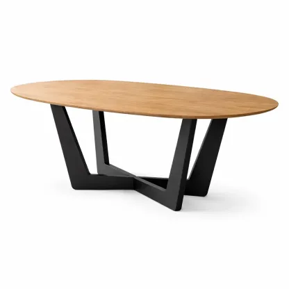 Oval Wooden Dining Table with Black Metal Base