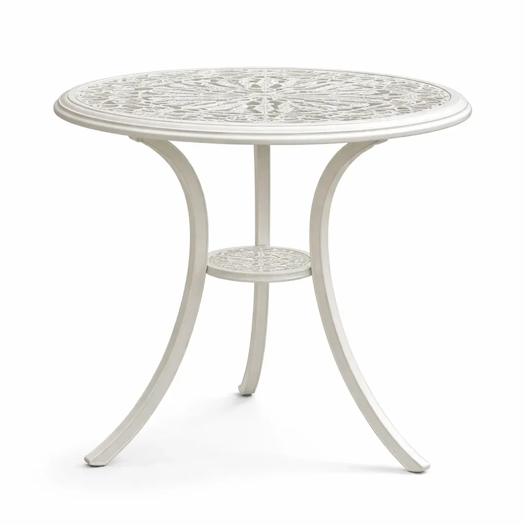 Round White Metal Outdoor Bistro Table with Decorative Top