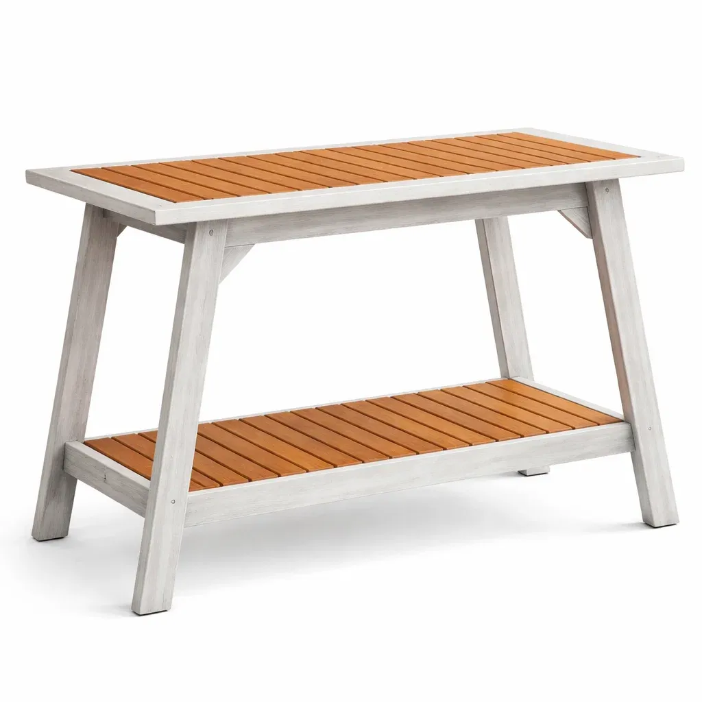 Outdoor Wooden Console Table with Slatted Top and Lower Shelf
