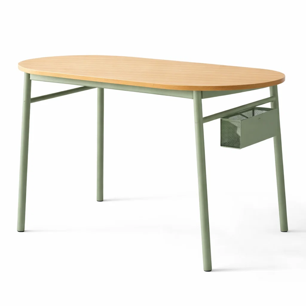 Oval Wood Top Dining Table with Metal Frame and Storage Basket